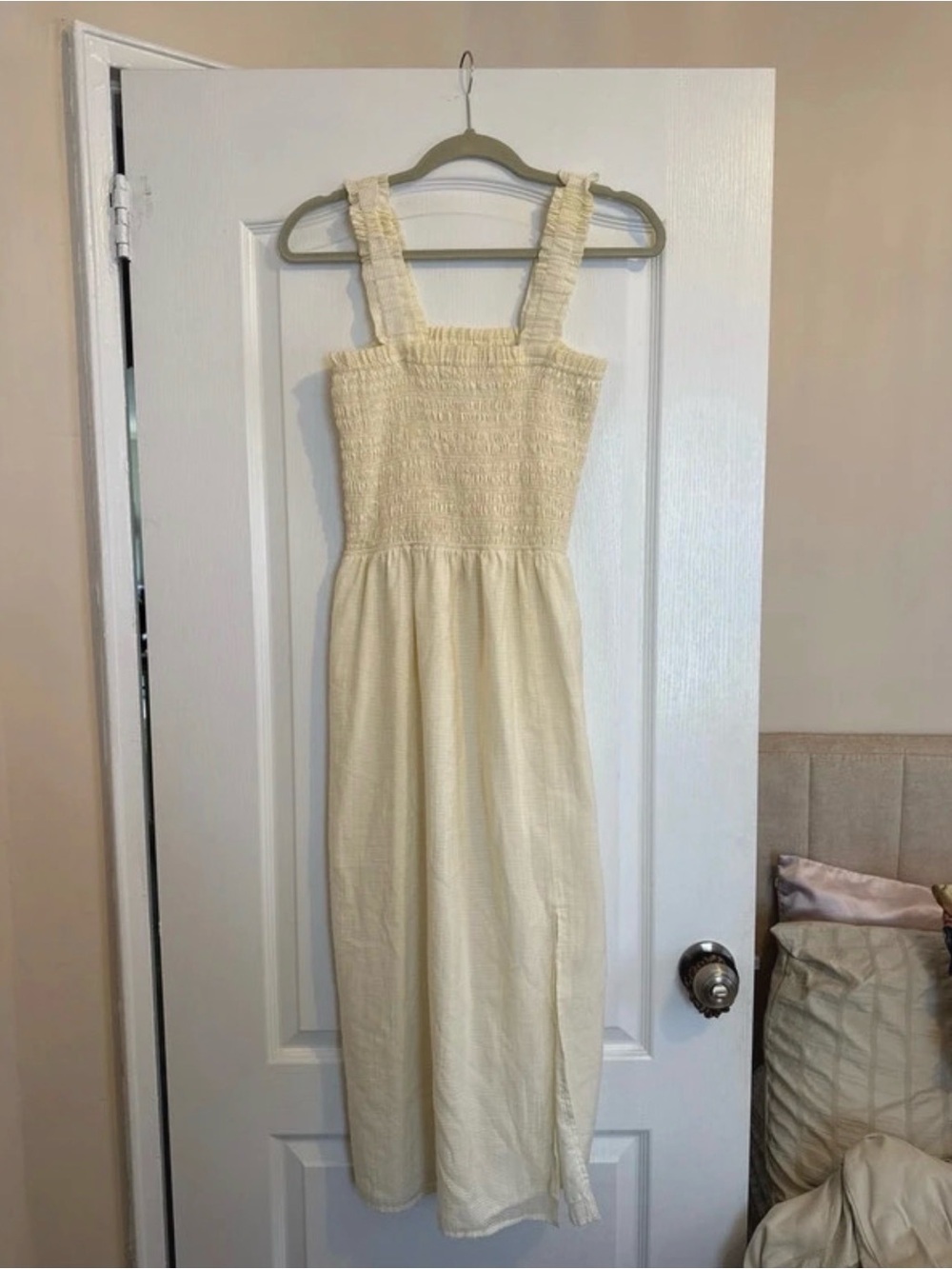WAYF Butter Yellow Smocked Midi Dress with Wide Straps